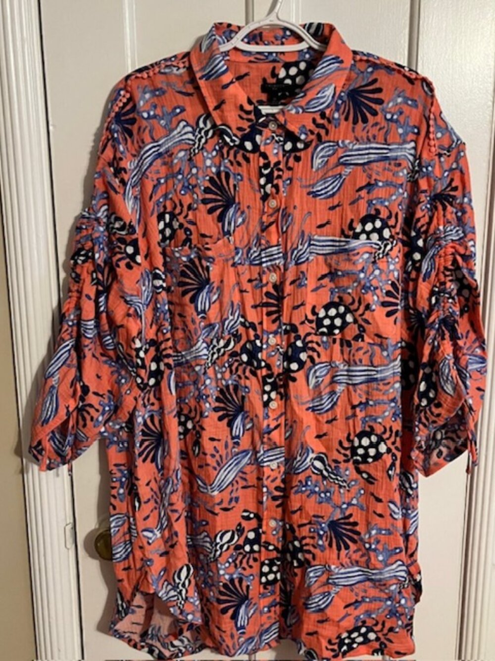 TALBOTS CRINKLE GAUZE SEA LIFE TUNIC TOP, SWIM COVERUP; ORANGE, BLUE, 2X; NEW!